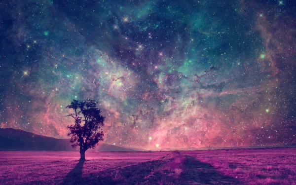 A captivating night landscape features a lonely tree silhouetted against a vibrant purple nebula filled with stars, creating a serene and enchanting scene in nature.