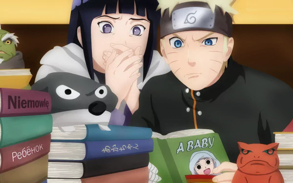 HD desktop wallpaper featuring Naruto Uzumaki and Hinata Hyuga from the anime series Naruto. They are surrounded by books in various languages, with a particular focus on parenting.
