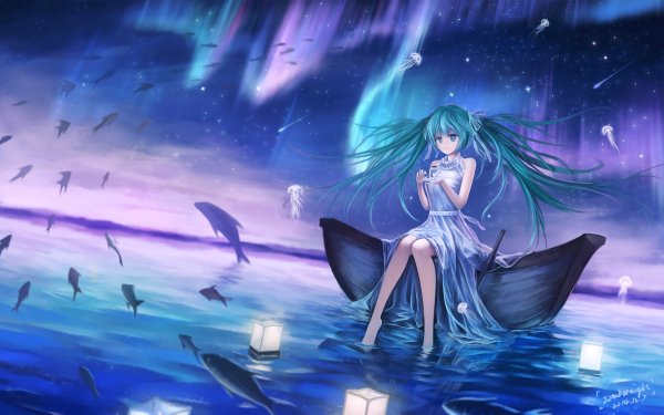 Anime Vocaloid Hatsune Miku Twintails Blue Hair Long Hair Night Stars Blue Eyes HD Wallpaper | Background Image