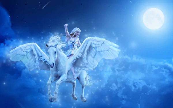 A graceful figure rides a majestic white Pegasus beneath a glowing blue moon, surrounded by dreamy clouds. This enchanting scene captures the essence of fantasy in HD wallpaper format.