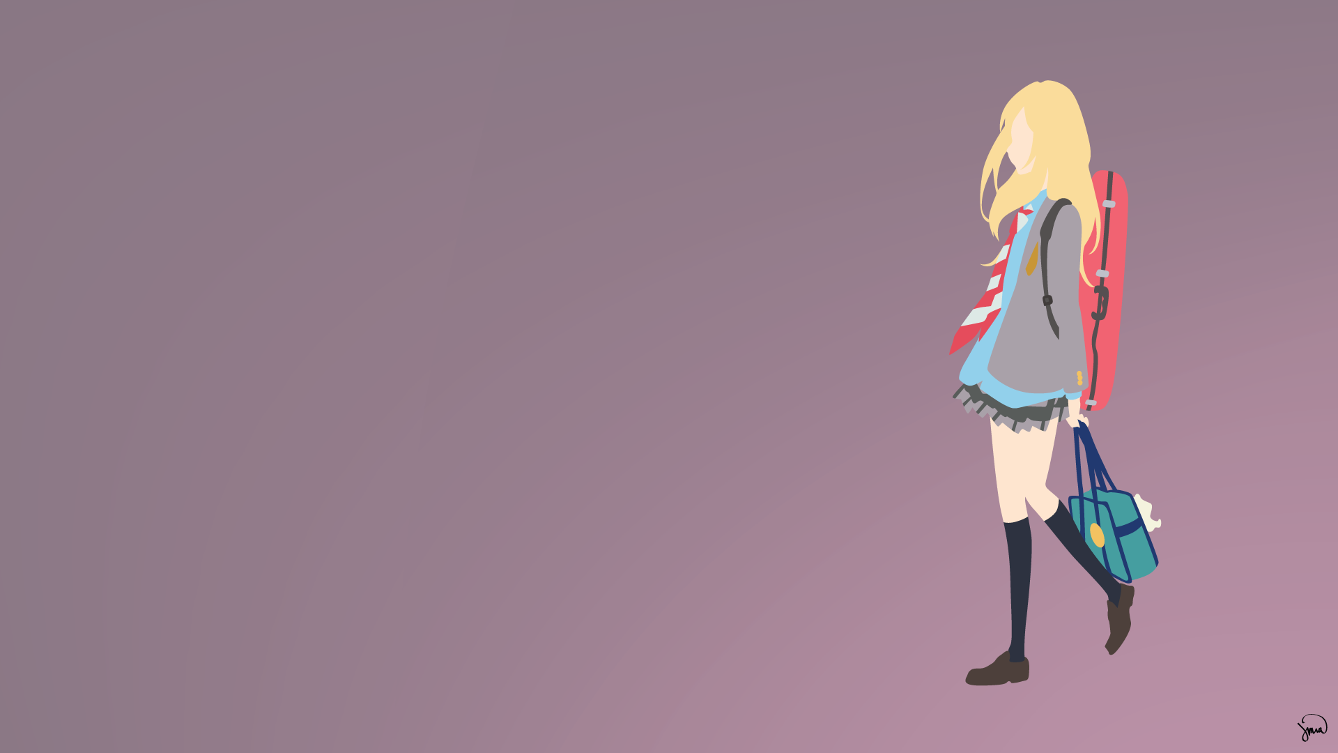 A vibrant HD wallpaper featuring Kaori Miyazono from the anime Your Lie in April, depicting her walking with a colorful backpack and bag against a soft, gradient background.