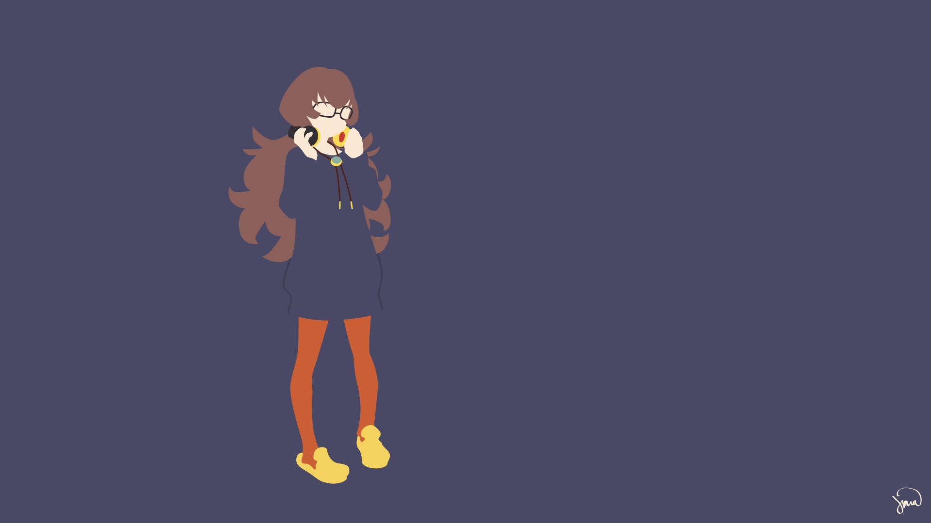 HD PC desktop wallpaper of Meika Daihatsu (Punch Line): minimalist anime girl in a navy coat, orange tights and yellow shoes on a solid muted purple background.