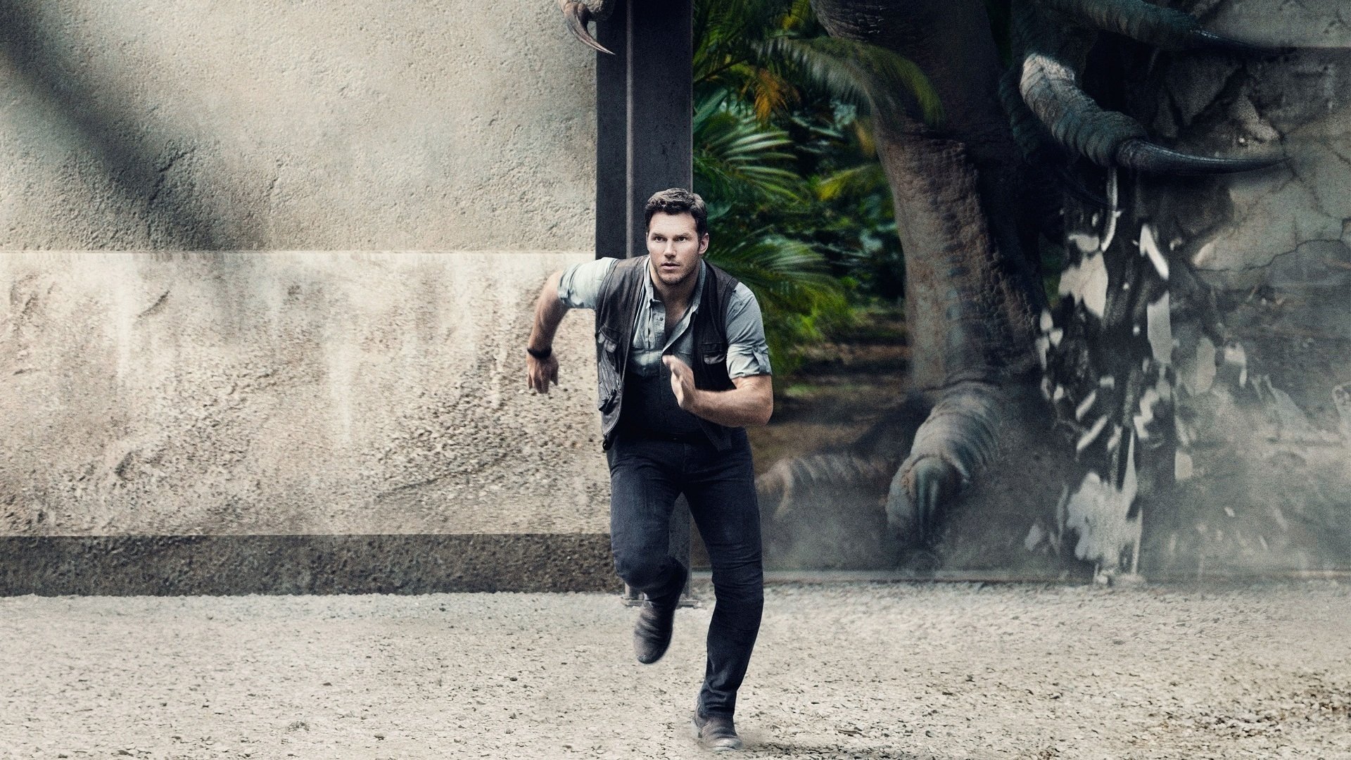 HD PC desktop wallpaper featuring Chris Pratt running with a dinosaur in the background from the movie Jurassic World.