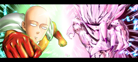 HD wallpaper featuring Saitama and Lord Boros from One-Punch Man in an intense showdown, capturing the dynamic action and vibrant colors of the anime.