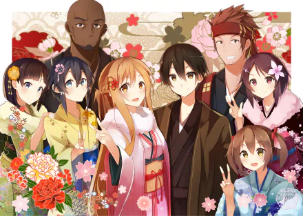 HD desktop wallpaper featuring characters from the anime Sword Art Online, dressed in traditional Japanese attire, surrounded by vibrant floral patterns and a festive background.