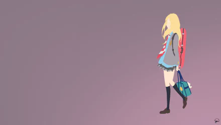 A vibrant HD wallpaper featuring Kaori Miyazono from the anime Your Lie in April, depicting her walking with a colorful backpack and bag against a soft, gradient background.