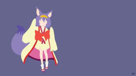 A minimalist anime illustration of Izuna Hatsuse from No Game No Life, featuring purple hair, a kimono, animal ears, a tail, and a headband, set against a simple purple background.