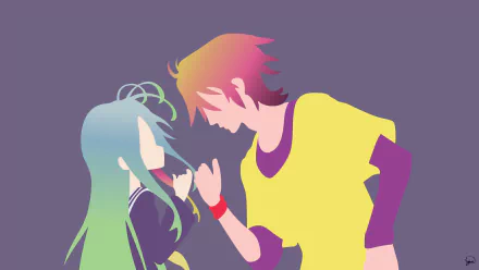 A minimalist HD wallpaper featuring characters Shiro and Sora from No Game No Life, showcasing their vibrant two-toned hair and animated style against a simple background.