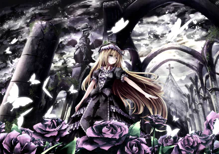 A fantasy scene featuring Yukari Yakumo, a blonde character in a black dress adorned with a bow and hat, surrounded by butterflies and roses in a dramatic, darkly ethereal landscape.