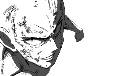 Saitama from One-Punch Man is depicted in this HD wallpaper with a transparent background, showcasing his determined expression and iconic look from the anime.