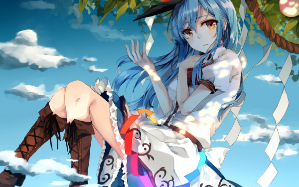 Anime Touhou Tenshi Hinanawi Long Hair Blue Hair Yellow Eyes Boots Hat Peach Colorful HD Wallpaper | Background Image