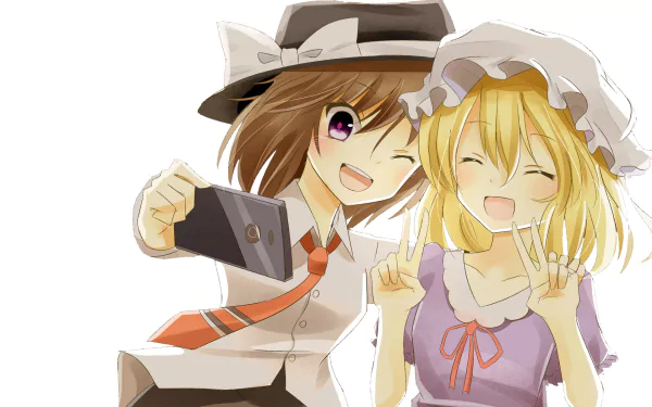 A vibrant HD wallpaper featuring two anime characters, Renko Usami with brown hair and Maribel Hearn with blonde hair, happily taking a selfie in stylish attire.