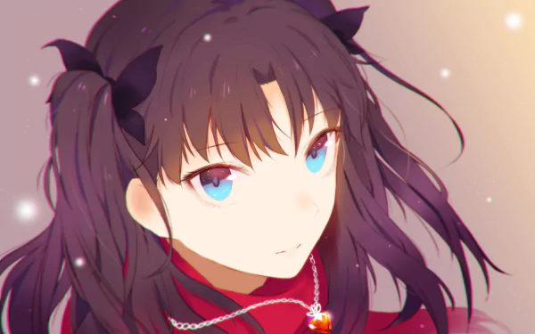 Rin Tohsaka from Fate/Stay Night features striking blue eyes and brown hair, adorned with a necklace, in this vibrant HD anime wallpaper.