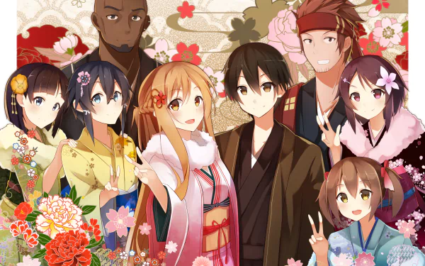 HD desktop wallpaper featuring characters from the anime Sword Art Online, dressed in traditional Japanese attire, surrounded by vibrant floral patterns and a festive background.