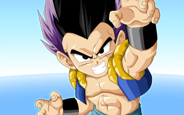 Gotenks from Dragon Ball Super is depicted in this vibrant HD wallpaper, showcasing his energetic pose and signature outfit against a bright blue background.