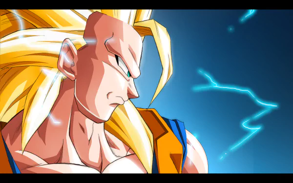4K Ultra HD Dragon Ball Z wallpaper featuring Goku in his fierce Super Saiyan 3 form with golden hair and intense expression against an electric blue background.