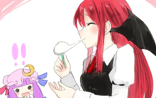 Anime Touhou Koakuma Patchouli Knowledge Witch Long Hair Red Hair Chibi Tie Wings Blush HD Wallpaper | Background Image