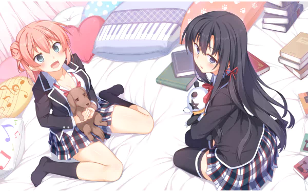 Anime characters Yui Yuigahama and Yukino Yukinoshita from My Teen Romantic Comedy SNAFU in school uniforms, sitting on a bed with pillows, a puppy, books, and teddy bears. Yui has pink hair, Yukino has black hair.