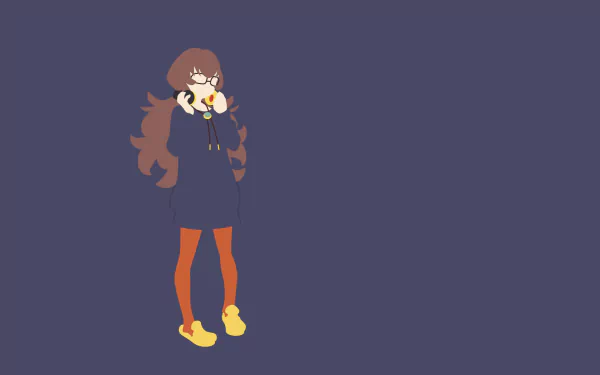 HD PC desktop wallpaper of Meika Daihatsu (Punch Line): minimalist anime girl in a navy coat, orange tights and yellow shoes on a solid muted purple background.