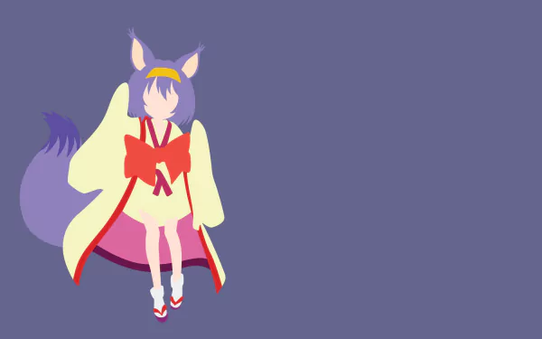 A minimalist anime illustration of Izuna Hatsuse from No Game No Life, featuring purple hair, a kimono, animal ears, a tail, and a headband, set against a simple purple background.