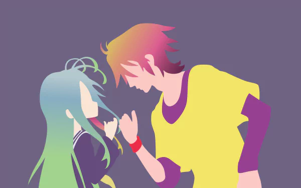 A minimalist HD wallpaper featuring characters Shiro and Sora from No Game No Life, showcasing their vibrant two-toned hair and animated style against a simple background.