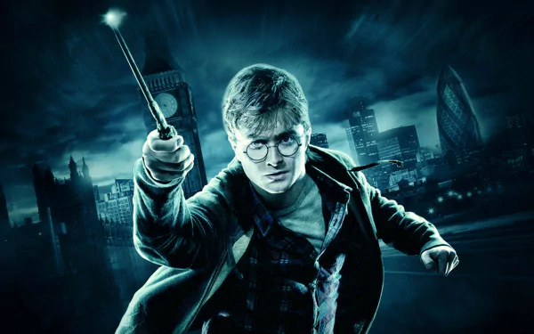HD PC desktop wallpaper featuring Daniel Radcliffe as Harry Potter from the movie Harry Potter and the Deathly Hallows: Part 1, casting a spell with a wand in a dark cityscape.