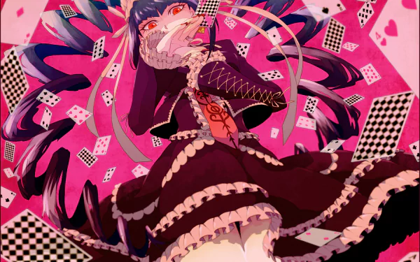 HD PC desktop wallpaper featuring Celestia Ludenberg from Danganronpa, surrounded by playing cards against a vibrant pink background.