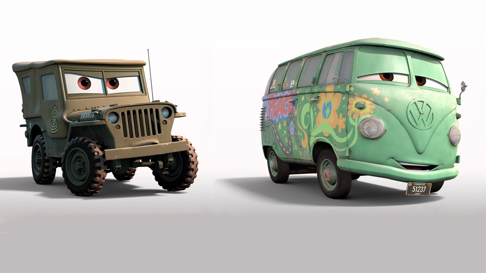 HD PC desktop wallpaper featuring characters from the movie Cars (Pixar), showcasing a rugged jeep and a colorful Volkswagen van with expressive eyes.