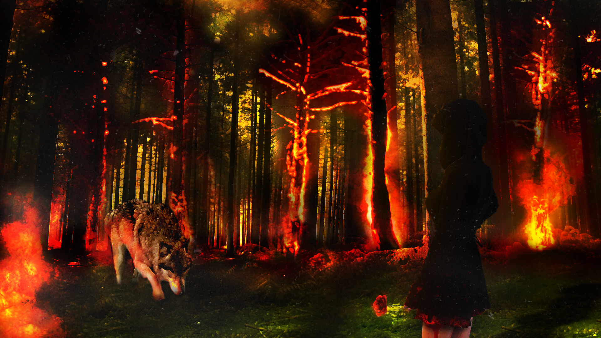 A fantasy HD desktop wallpaper depicting a fiery forest with glowing trees, a wolf prowling, and a single red rose glowing on the ground.