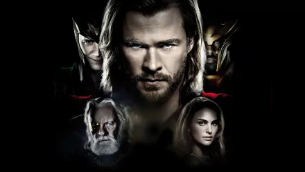 A striking HD wallpaper featuring Chris Hemsworth as Thor, Tom Hiddleston as Loki, and other key characters from the Marvel universe, set against a dramatic black background.