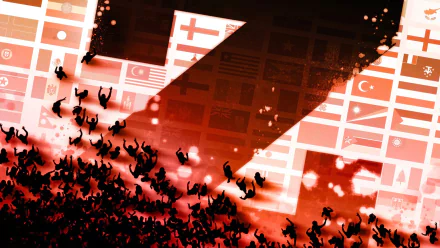 HD PC desktop wallpaper featuring intense World War Z movie scene with silhouetted figures against a backdrop of international flags in red and black tones.