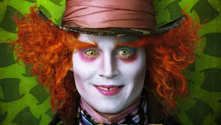 A vibrant HD wallpaper featuring Johnny Depp as the Mad Hatter in the 2010 film Alice in Wonderland, showcasing his iconic orange hair and whimsical makeup against a green background.