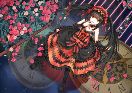 Anime character Kurumi Tokisaki with heterochromia, black and red dress, and long hair standing among roses and clock gears. This HD wallpaper from Date A Live features a detailed and vibrant scene.
