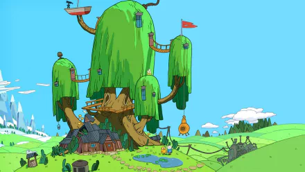 HD desktop wallpaper featuring the iconic treehouse from the TV show Adventure Time set against a bright blue sky in an adventurous landscape.
