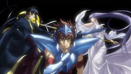HD PC desktop wallpaper featuring three characters from the anime Saint Seiya, showcasing dynamic poses and detailed armor against a dark background.
