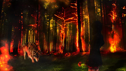 A fantasy HD desktop wallpaper depicting a fiery forest with glowing trees, a wolf prowling, and a single red rose glowing on the ground.