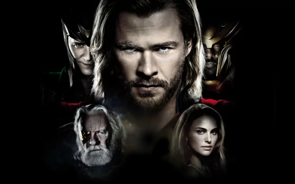 A striking HD wallpaper featuring Chris Hemsworth as Thor, Tom Hiddleston as Loki, and other key characters from the Marvel universe, set against a dramatic black background.
