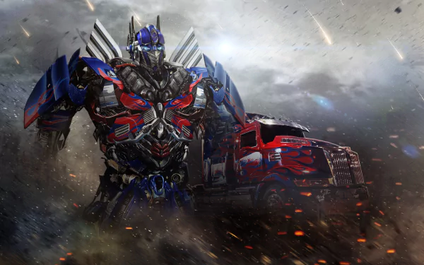 HD wallpaper and background featuring Optimus Prime from Transformers: Age of Extinction, standing heroically with his truck form amidst a dramatic, stormy backdrop.