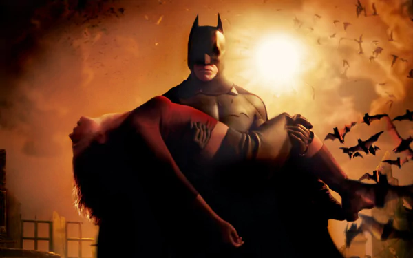 HD desktop wallpaper of Batman Begins, featuring Batman holding a woman against a dramatic, bat-filled, sunset background.