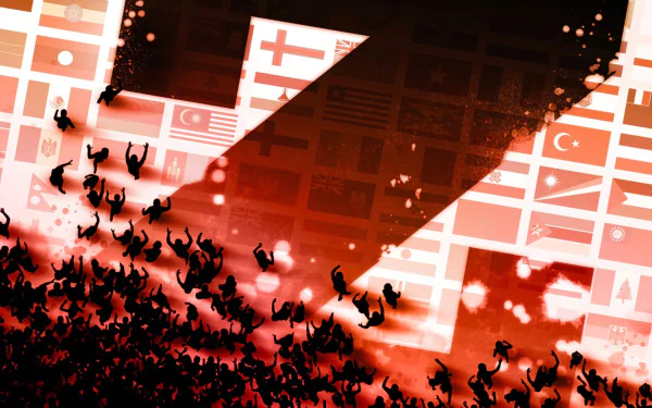 HD PC desktop wallpaper featuring intense World War Z movie scene with silhouetted figures against a backdrop of international flags in red and black tones.