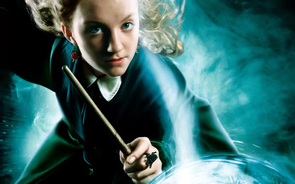 A dynamic HD wallpaper from Harry Potter and the Order of the Phoenix, featuring a determined character casting magic with a wand amidst a swirling background.