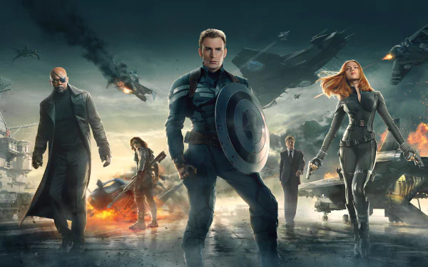 A dynamic HD wallpaper featuring Captain America, Black Widow, and Nick Fury in action-packed scenes from Captain America: The Winter Soldier.