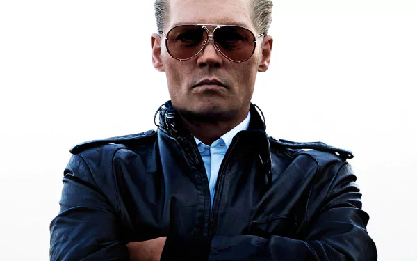 HD PC desktop wallpaper featuring a serious character from the movie Black Mass wearing sunglasses and a dark jacket against a white background.