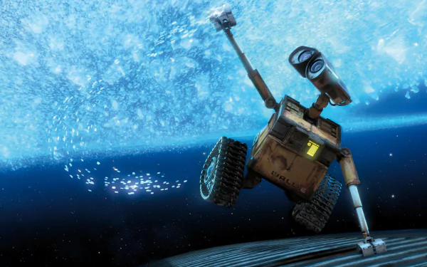 HD PC desktop wallpaper from the movie Wall·E featuring the robot protagonist reaching out against a sparkling blue cosmic background.