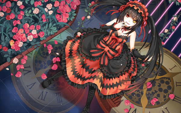 Anime Date A Live Kurumi Tokisaki Heterochromia Long Hair Dress Rose Flower Black Hair Clock HD Wallpaper | Background Image