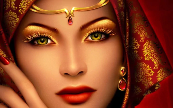 A captivating fantasy image of a woman adorned with intricate jewelry and a rich, patterned scarf, showcasing striking green eyes and bold makeup in vibrant colors.