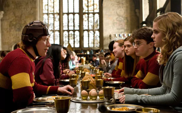 A vibrant scene from Harry Potter and the Half-Blood Prince, featuring Hermione Granger and Ron Weasley engaged in conversation at the Hogwarts dining table, surrounded by friends.