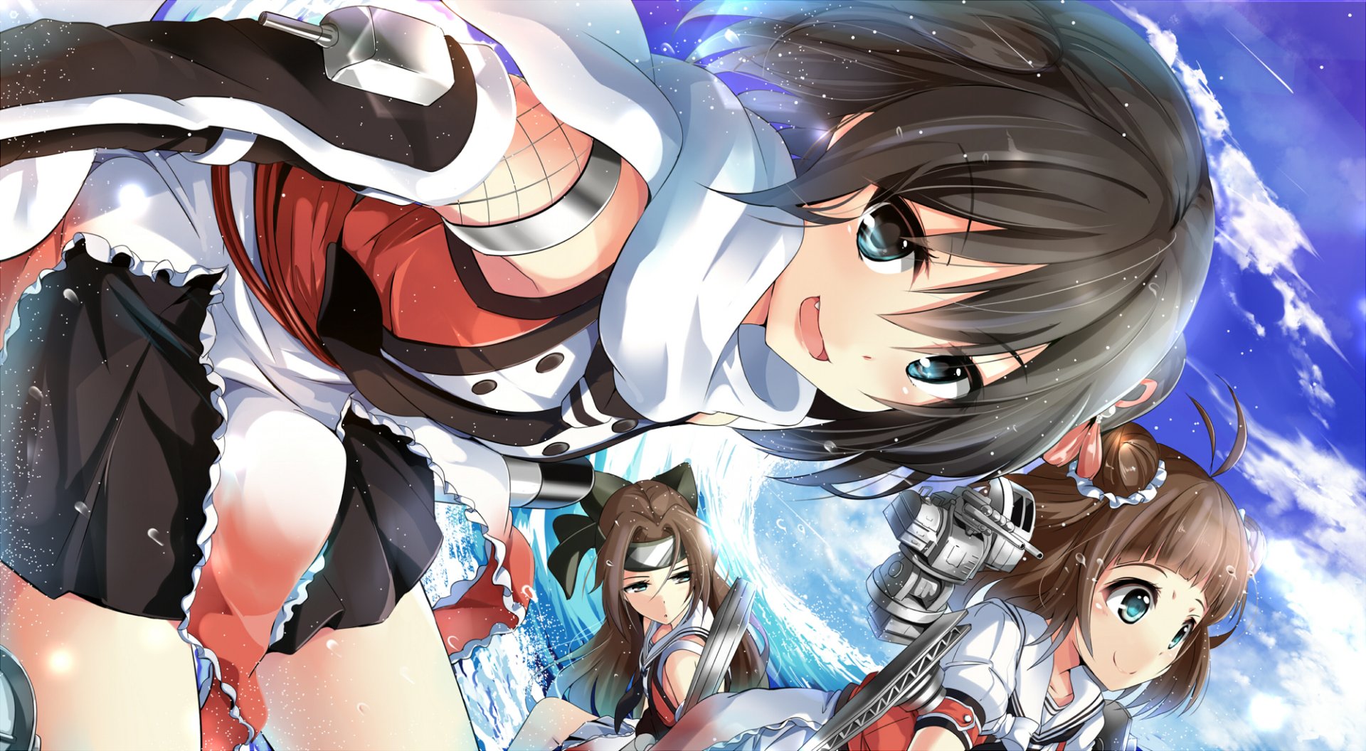 HD wallpaper featuring characters Sendai, Jintsu, and Naka from Kantai Collection, set against a vibrant ocean backdrop, showcasing an anime aesthetic.