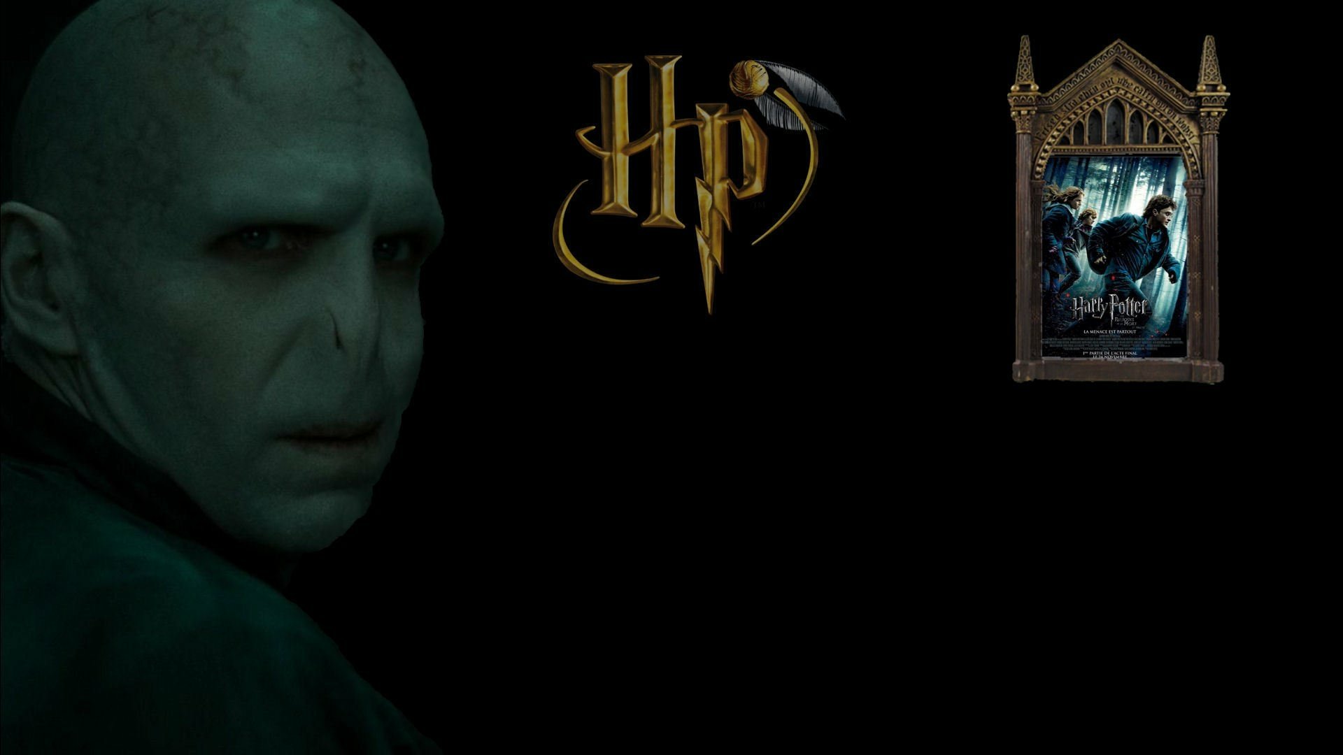 HD PC desktop wallpaper featuring Voldemort, the Harry Potter logo, and a scene from the movie Harry Potter and the Deathly Hallows: Part 1.