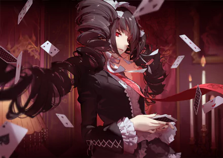 Celestia Ludenberg from Danganronpa stands confidently amidst floating playing cards, showcased in a striking HD anime wallpaper with rich, dramatic colors.